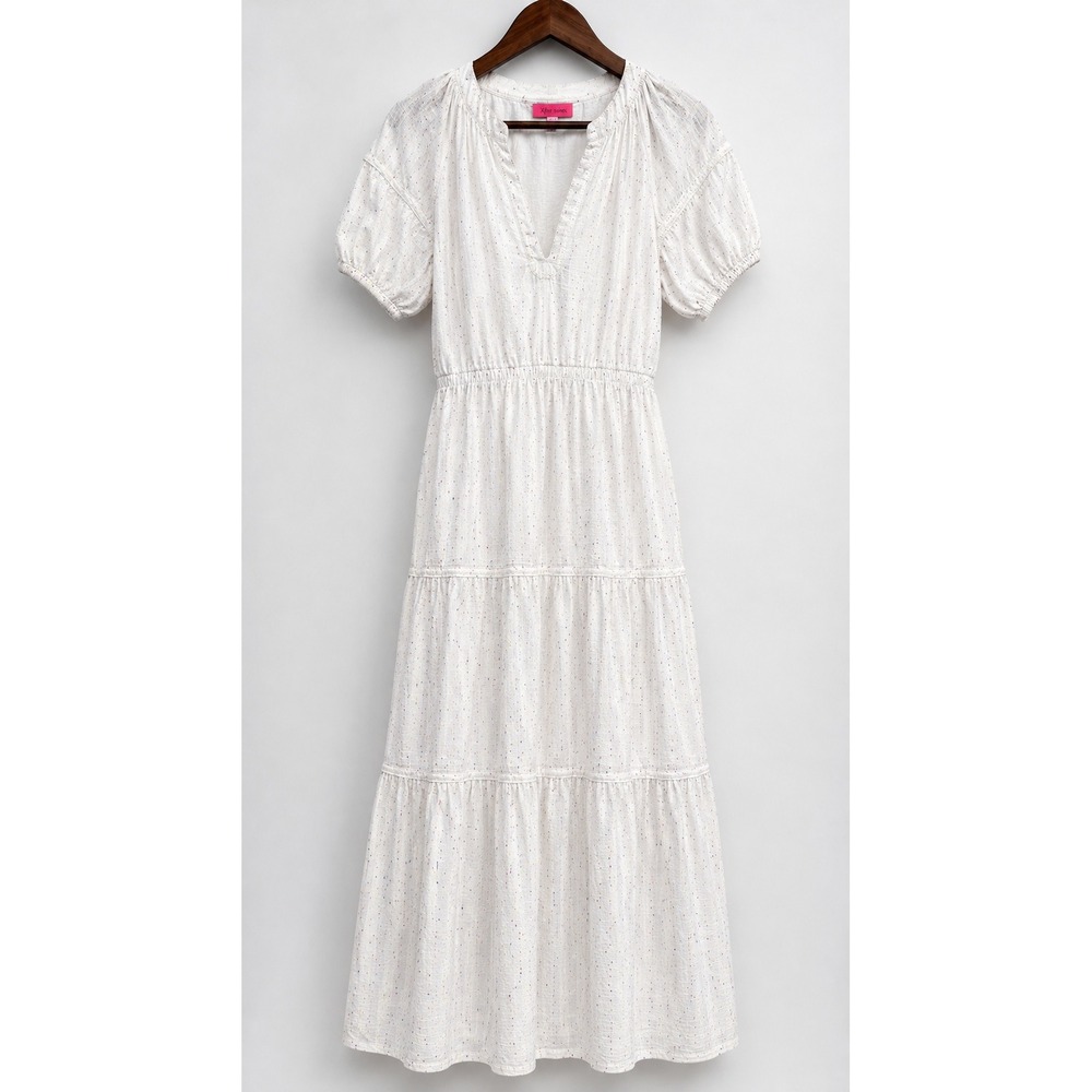 Betsey‎ Johnson White Confetti Tiered Midi Dress Puff Sleeve V-Neck